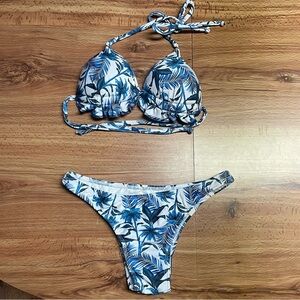 Blue & White Palm Tree Print Brazilian Bikini Set Ruffle Lettuce Trim